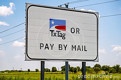 AUSTIN, TX - JULY 31, 2019 - TxTag sign on toll road 130 belt line Editorial Stock Photo