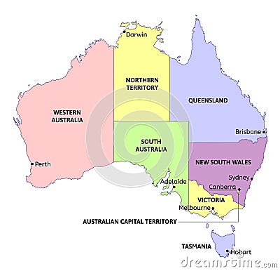 Australia administrative map with states and capitals of the states. Colored. Vector Vector Illustration