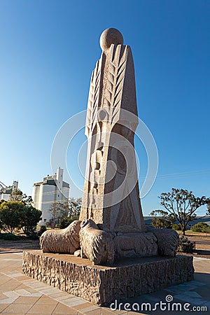 Australia; Aug 2020: Statue to the Australian farmer, also known as the Big Farmer. Monument made on granite, one of Australia`s Editorial Stock Photo