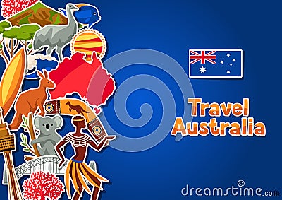 Australia background design. Australian traditional sticker symbols and objects Vector Illustration