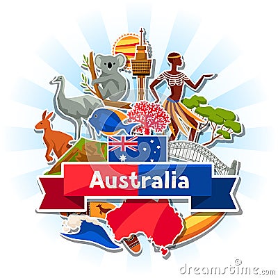 Australia background design. Australian traditional sticker symbols and objects Vector Illustration