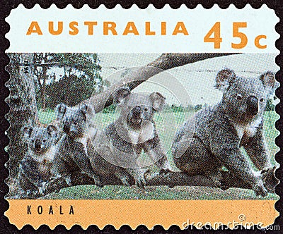 AUSTRALIA - CIRCA 1994: A stamp printed in Australia from the `Australian Wildlife 2nd series` issue shows koala, circa 1994. Editorial Stock Photo