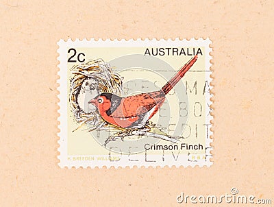 A stamp printed in Australia shows a Crimson Finch, circa 1970 Editorial Stock Photo