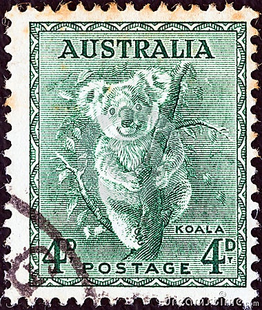 AUSTRALIA - CIRCA 1937: A stamp printed in Australia shows a koala, circa 1937. Editorial Stock Photo