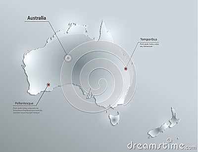 Australia continent map New Zealand, glass card paper 3D Vector Illustration