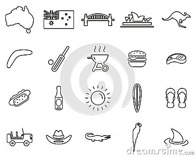 Australia Country & Culture Icons Thin Line Set Big Vector Illustration