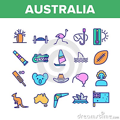 Australia Country Nation Cultural Icons Set Vector Vector Illustration