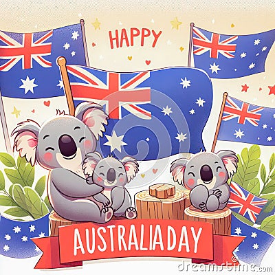 Australia Day celebration, celebrated every year on January 26th, happy koalas and flags Stock Photo