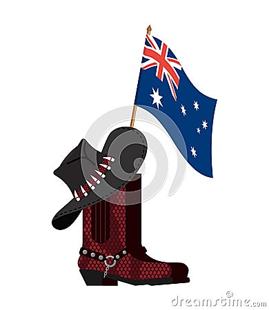 Australia flag and Australian hat and crocodile skin boots. Cowboy cap and python leather shoes. Western clothes and rodeo shoe Vector Illustration