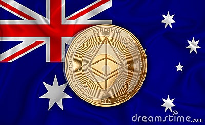 Australia flag ethereum gold coin on flag background. The concept of blockchain bitcoin currency decentralization in the Editorial Stock Photo