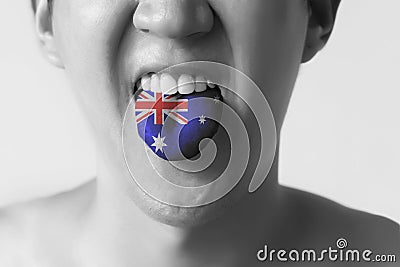 Australia flag painted in tongue of a man - indicating English language and Australian accent speaking Stock Photo