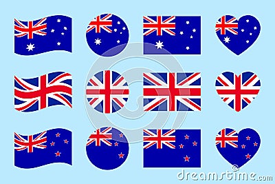 Australia, Great Britain, New Zealand flags vector set. Flat isolated icons. Australian, British, New Zealands flags Vector Illustration