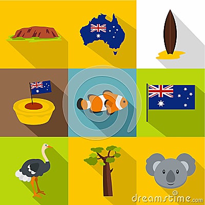 Australia icon set, flat style Vector Illustration