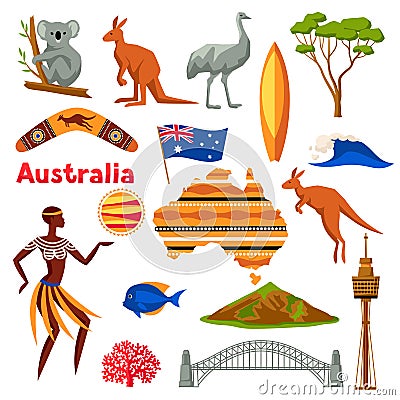 Australia icons set. Australian traditional symbols and objects Vector Illustration