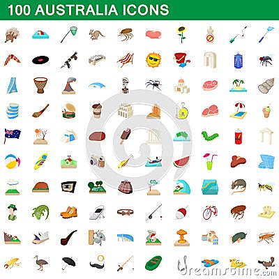 100 australia icons set, cartoon style Vector Illustration