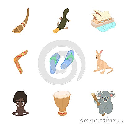 Australia icons set, cartoon style Vector Illustration