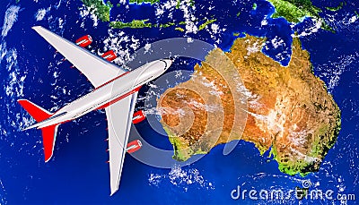 Australia Island with airplane or airliner top view. 3D rendering illustration. Flight to Australia, travel and transportation Cartoon Illustration