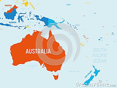 Australia and Oceania map - 4 bright color scheme. High detailed political map of australian and pacific region with Vector Illustration