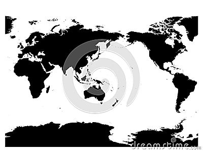 Australia and Pacific Ocean centered world map. High detail black silhouette on white background. Vector illustration Vector Illustration