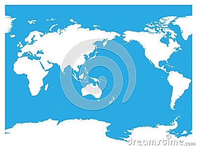 Australia and Pacific Ocean centered world map. High detail white silhouette on blue background. Vector illustration Vector Illustration