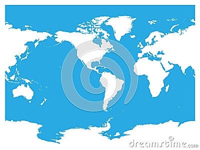 Australia and Pacific Ocean centered world map. High detail white silhouette on blue background. Vector illustration Vector Illustration