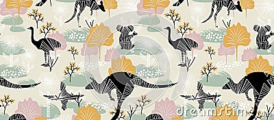 Australia seamless pattern. Australian traditional animal: kangaroo, koala, ostrich, parrot. Safari plant texture in childish Cartoon Illustration