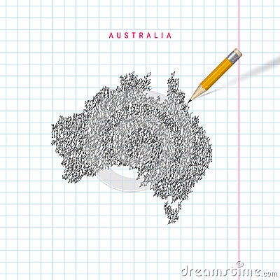 Australia sketch scribble vector map drawn on checkered school notebook paper background Vector Illustration