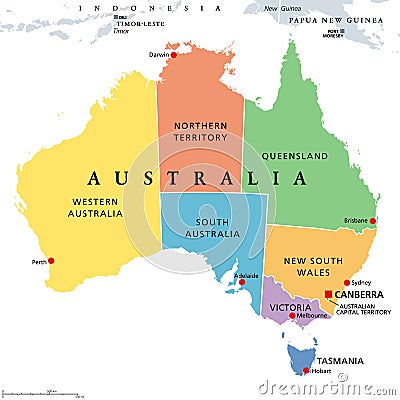 Australia, colored political map, with administrative divisions Vector Illustration