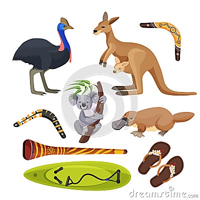 Australia symbols isolated. Koala, kangaroo, surfboard, boomerang, ostrich, platypus, didgeridoo Vector Illustration