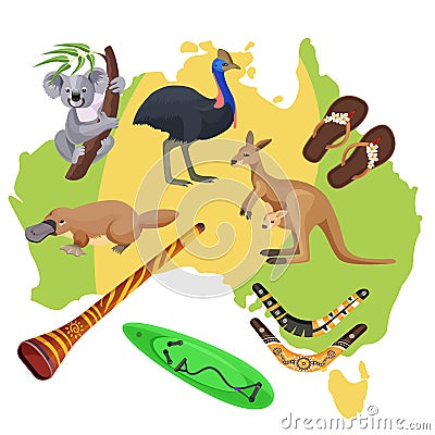 Australia symbols on map. Koala, kangaroo, surfboard, boomerang, ostrich, platypus, Vector Illustration