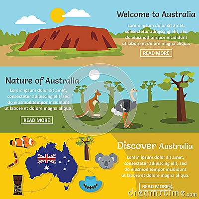 Australia travel banner horizontal set, flat style Vector Illustration