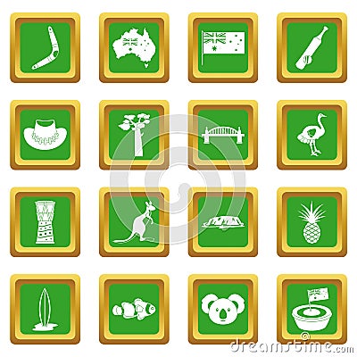 Australia travel icons set green Vector Illustration