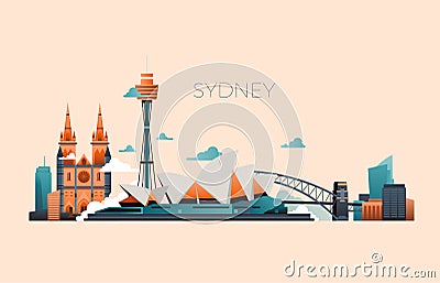 Australia travel landmark vector landscape with Sydney opera and famous buildings Vector Illustration