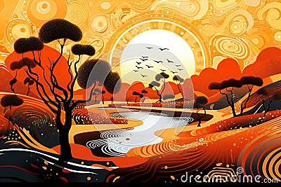 Australia Unveiled: Great Barrier, Outback & Dreamtime Patterns in Sun-Kissed Shades Cartoon Illustration