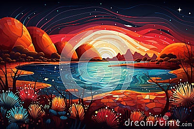 Australia Unveiled: Great Barrier, Outback & Dreamtime Patterns in Sun-Kissed Shades Cartoon Illustration