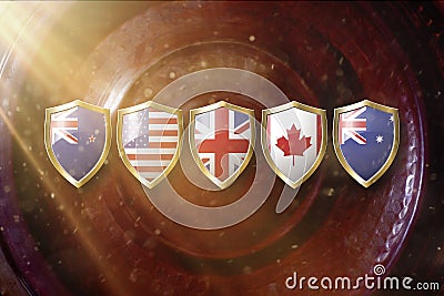 Australia, us, great britain,canada, and new zealand flags in golden shield on copper texture background.5 eyes alliance Cartoon Illustration