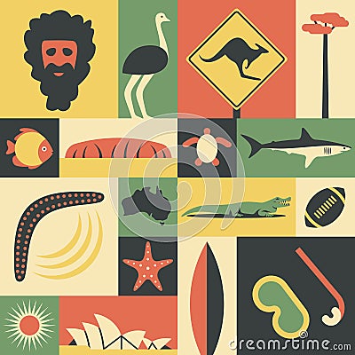 Australia, vector flat illustration, icon set, landmark. Man, ostrich, road sign, tree, fish, mountain, turtle, shark Vector Illustration