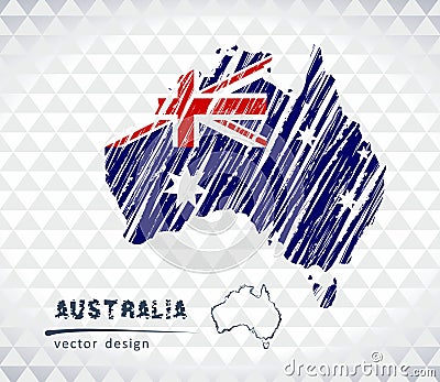 Australia vector map with flag inside isolated on a white background. Sketch chalk hand drawn illustration Vector Illustration