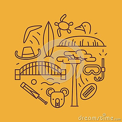 Australia, vector outline illustration, pattern. boomerang, hat, serf, bridge, cricket, koala, tree Baobab, sport, mountain Uluru Vector Illustration