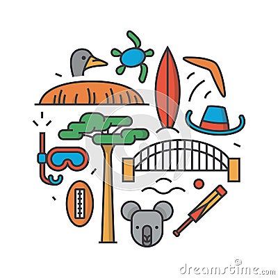 Australia, vector outline illustration, pattern, white background: boomerang, hat, serf, bridge, cricket, koala, tree Vector Illustration