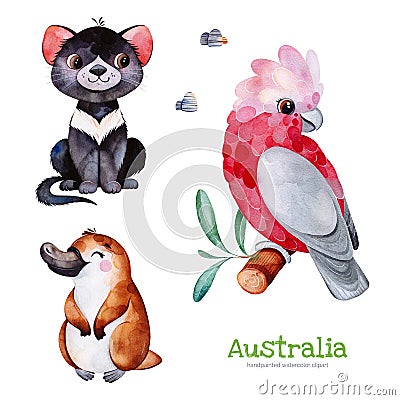 Cute collection with Tasmanian devil,platypus,cockatoo,stones Stock Photo