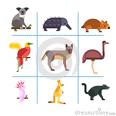 Australia wild animals cartoon popular nature characters flat style and australian mammal aussie native forest Vector Illustration