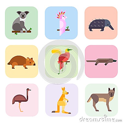 Australia wild animals cartoon popular nature characters flat style and australian mammal aussie native forest Vector Illustration