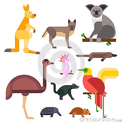 Australia wild animals cartoon popular nature characters flat style and australian mammal aussie native forest Vector Illustration