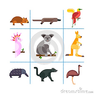 Australia wild animals cartoon popular nature characters flat style and australian mammal aussie native forest Vector Illustration