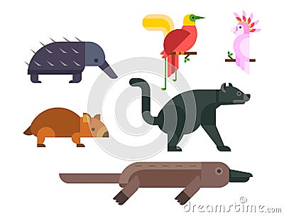 Australia wild animals cartoon popular nature characters flat style and australian mammal aussie native forest Vector Illustration