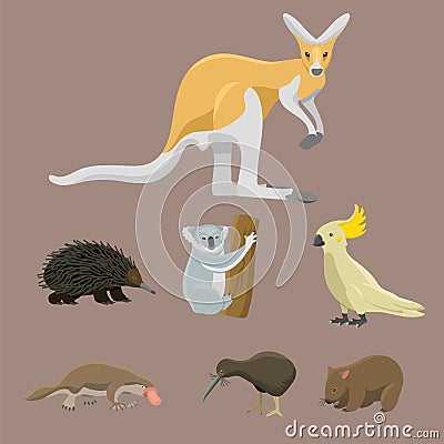 Australia wild animals cartoon popular nature characters flat style mammal collection vector illustration. Vector Illustration