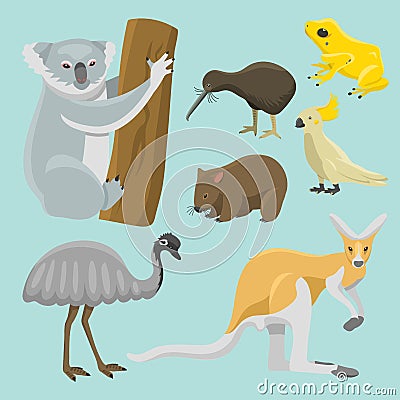 Australia wild animals cartoon popular nature characters flat style mammal collection vector illustration. Vector Illustration