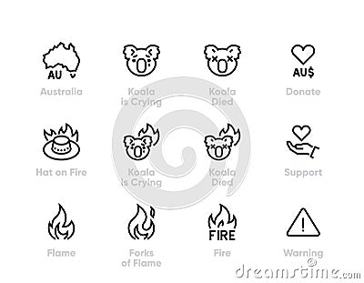 Australia Wildfire vector icons. Koala, Fire, Donate, Support Australia. Editable line set Vector Illustration