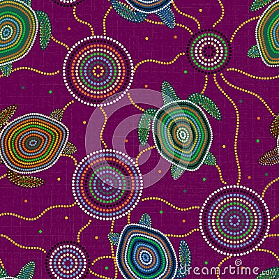 Australian Aboriginal Art. Sea turtles and jellyfish. Seamless pattern. Purple background Stock Photo